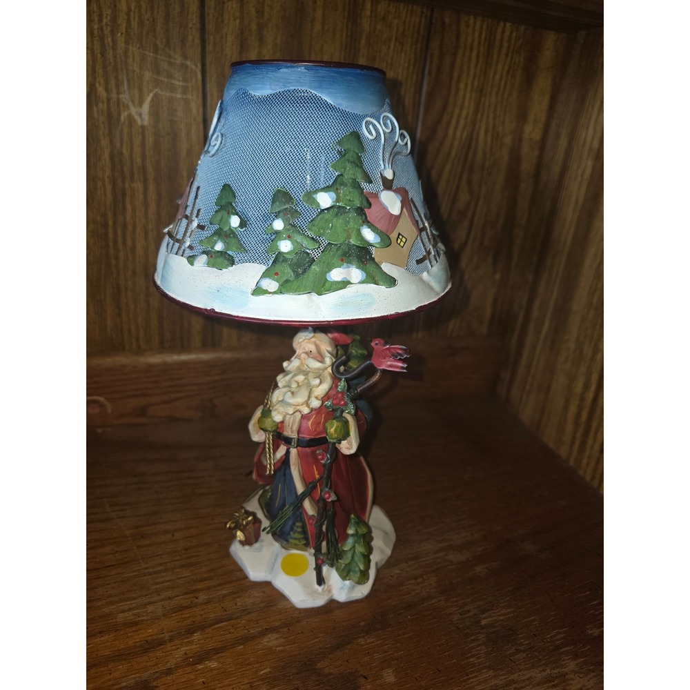 Vintage Santa Claus Christmas Accent Lamp Winter Scene Mesh Shade Holiday Decor